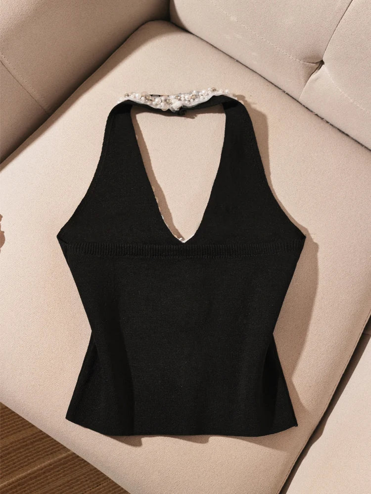 Heavy-Embroidered Diamond Backless Hanging Neck  Strap Vest Women Summer Slim Fit Short Spicy Sleeveless Black Top Women
