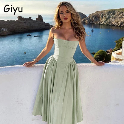 Giyu Sexy Evening Party Dress Women 2024 Summer Elegant Vintage Pleated Dresses Spaghetti Strap Backless Holiday Robe Femme