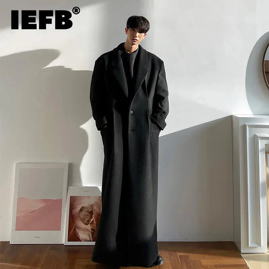 IEFB Men's Long Woolen Coat Spring Winter Thickened Fashion Trend LoosE