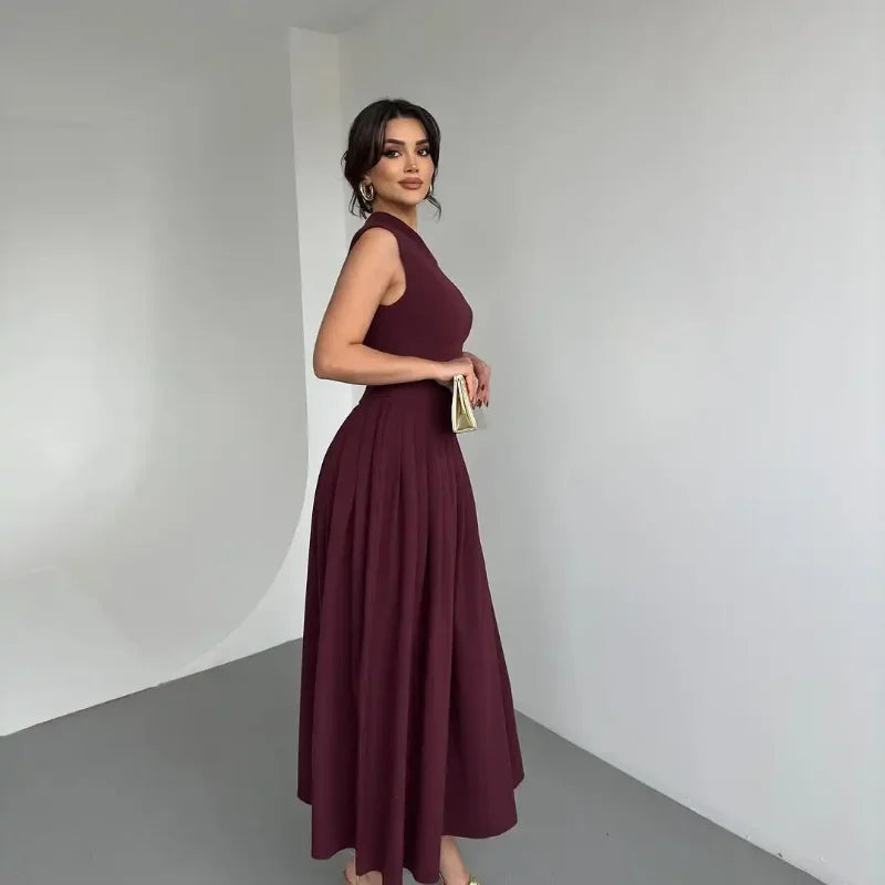 Elegant Wine Red Irregular Neck High Waist Pleated Hem