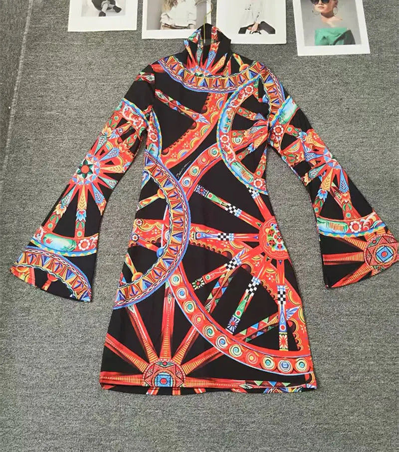 Retro Color Wheel Print High-Neck Long-Sleeve Slim Fit Mini Dress for Women Autumn Elastic Waist Holiday Banquet Temperament Dre - Shellss