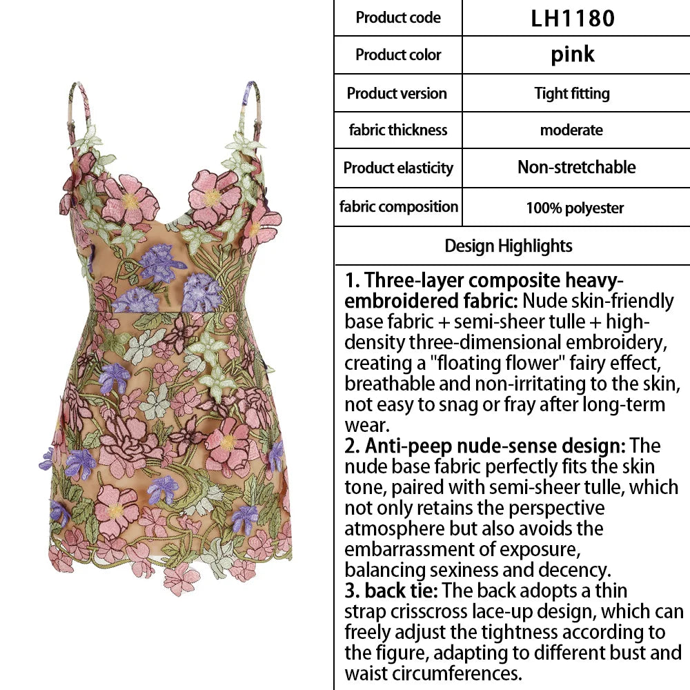 New Chiffon Skin Penetrating Floral V-Neck Suspender Dress With Sleeveless Back Straps Embroidered Evening Gown Party Mini Skirt
