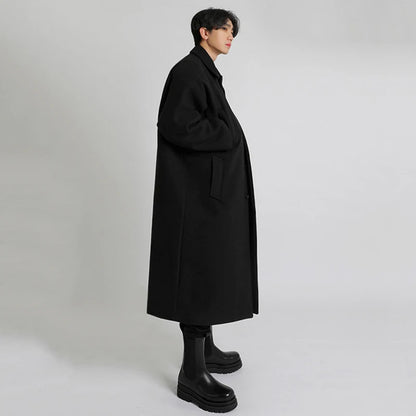 Woolen Coat Casual Knee Length Button Turn-down Collar Baggy