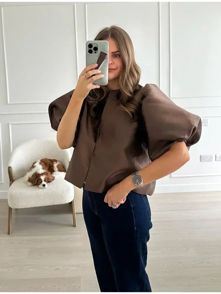 Elegant Button Puff Sleeve Top