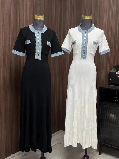 Elegant Denim Patchwork Knitted Long Dress