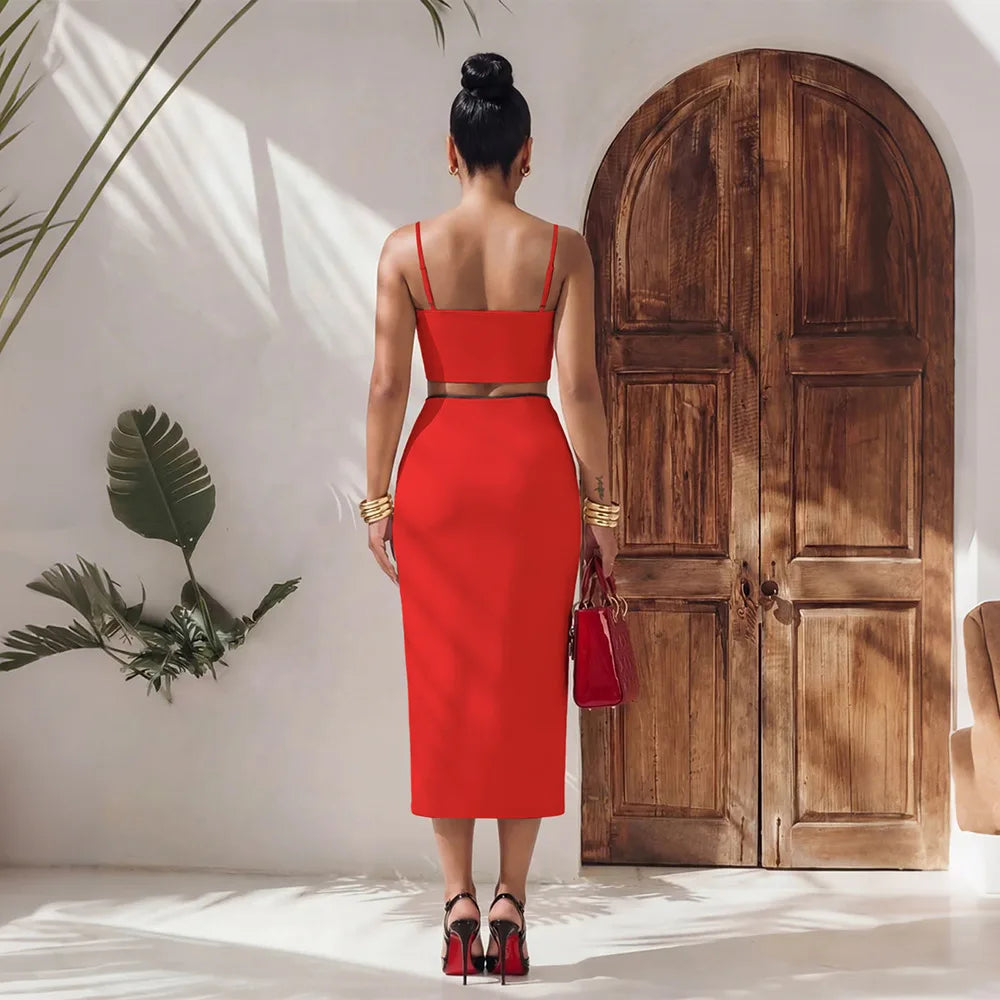 2 Piece Sets Tops And Skirt Elegant Women Sleeveless Sexy Midi Dress Fashion Evening Ladies Street Party Vestidos Summer