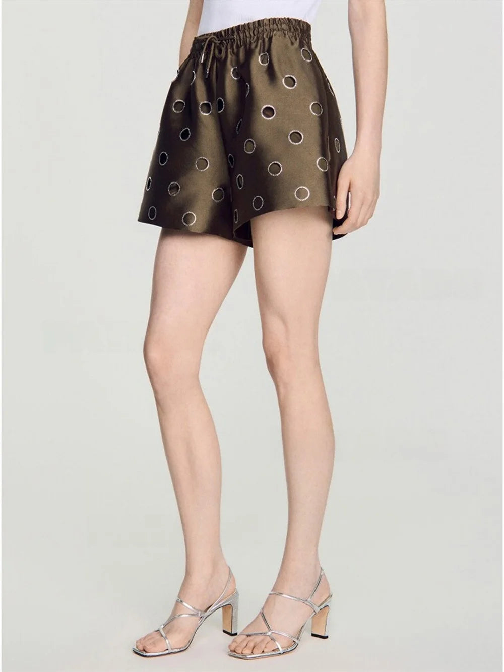 MaSande Early Autumn New Women's Fashionable Hollow out High Waist Drawstring Shorts Ring Detail Casual Pants Straight Leg - Shellss