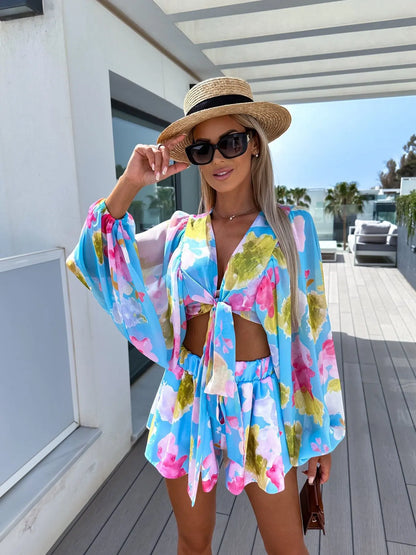 Summer Chic Printed V-Neck Shorts Set