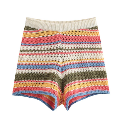POLO collar short knitted striped shorts set