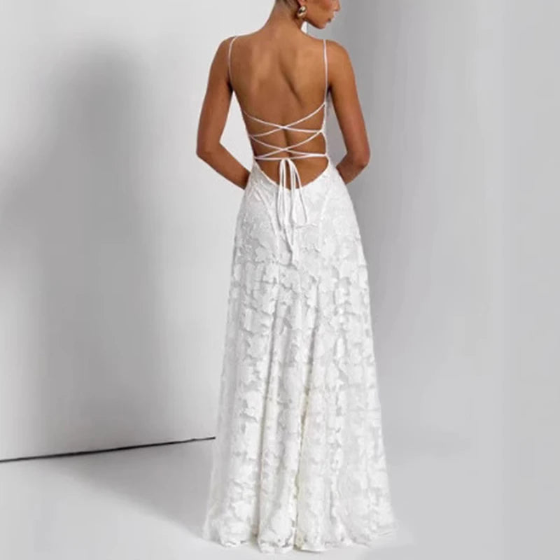 Women Fashion Jacquard Lace Solid Party Dress Elegant Backless Slim Sling Dress Sexy Off Shoulder Sleeveless Beach Long Dress - Shellss