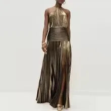 Sexy Off Shoulder Halter Folds Slit Long Dress Luxurious Women Corset Party Dress Gold Halter Neck Evening Dress