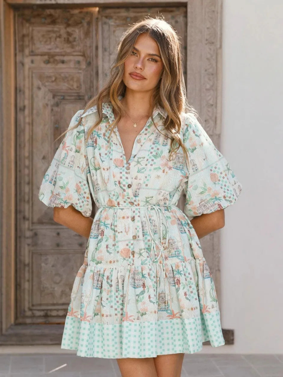 Casual Printed Lace up Dress High Waist Holiday Gown Elegant Waist Cinching Kaftan for Ladies Summer Season Button Closure - Shellss