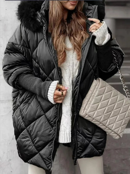 Autumn Winter Women's Mid Length Jacket Coat with Knitted Patchwork Long Sleeve Woolen Coat Female Hooded Zipper Parka Jackets