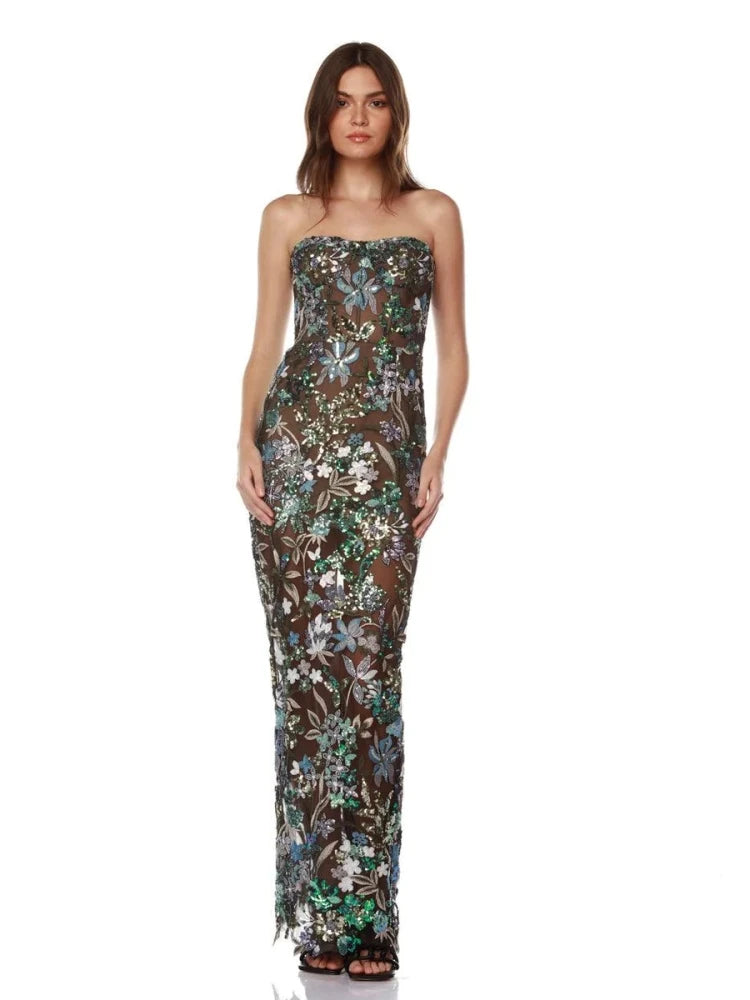 Sexy Strapless Floral Sequin Long Dress