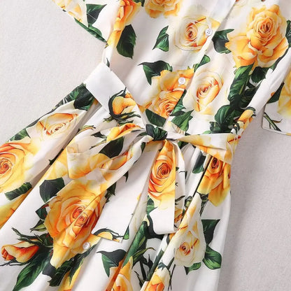 Yellow Roses Midi Dress Cotton