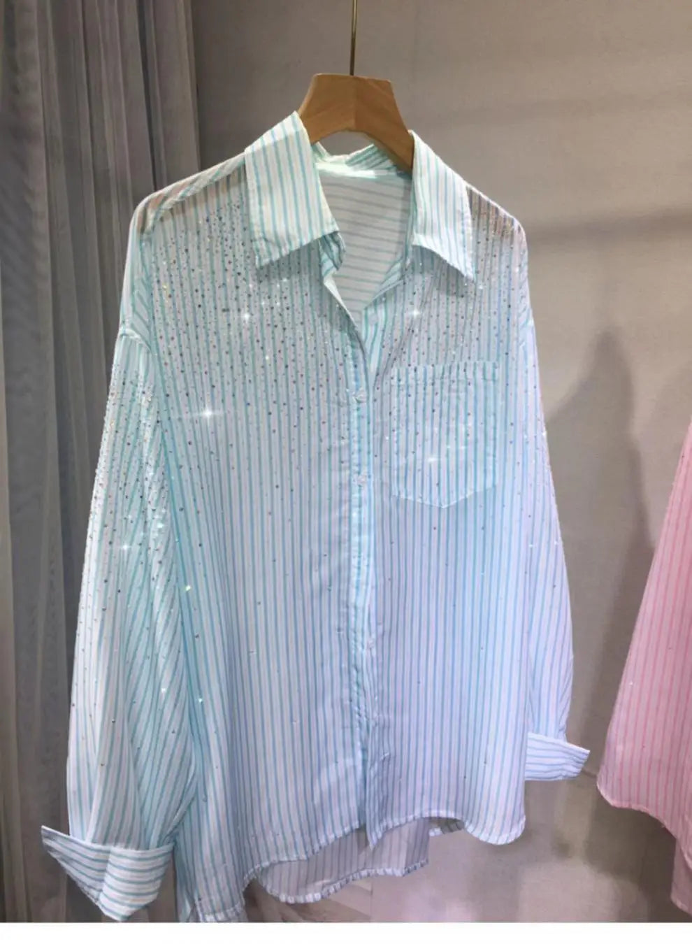 Lightweight Loose Stripes Rhinestone Shirt