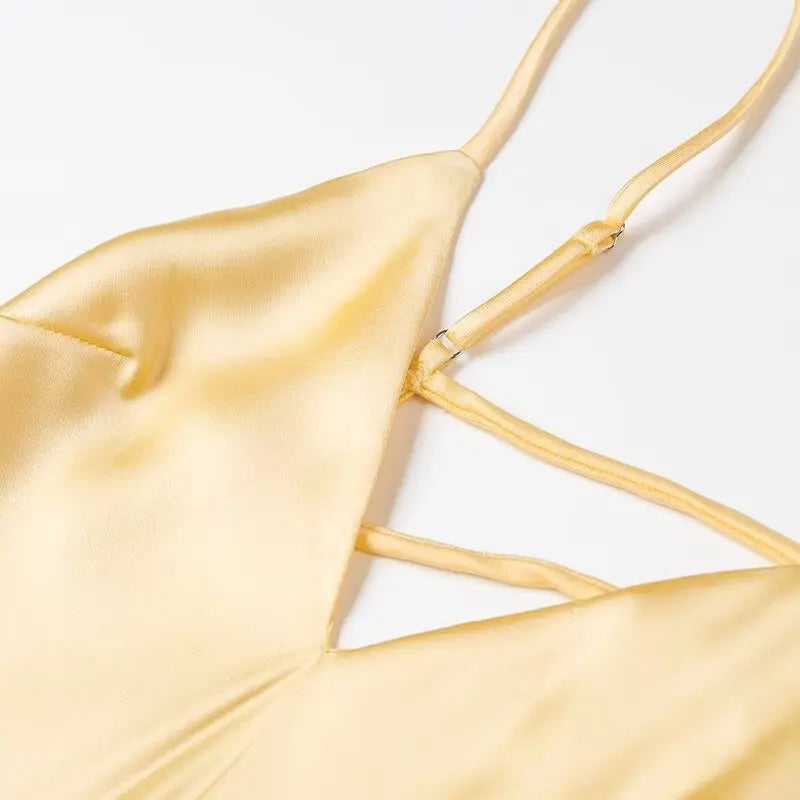 Yellow Pink Stain V Neck Sling Dress - Shellss