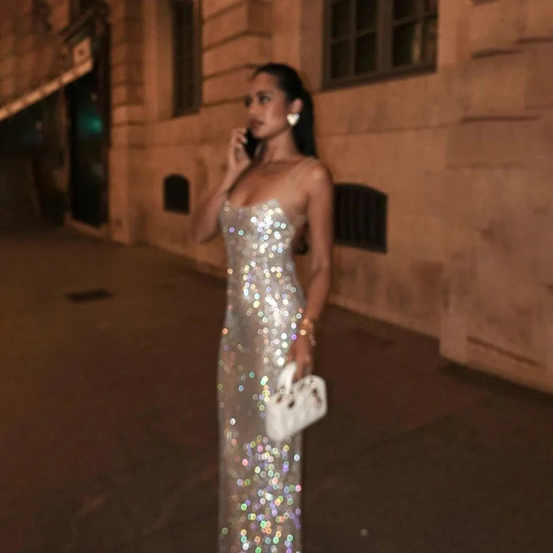 Women Shiny Chic Dress Bling Glitter Sequins Sling Sleeveless Backless Bodycon Maxi Robes Elegant Evening Party Cocktail Gowns
