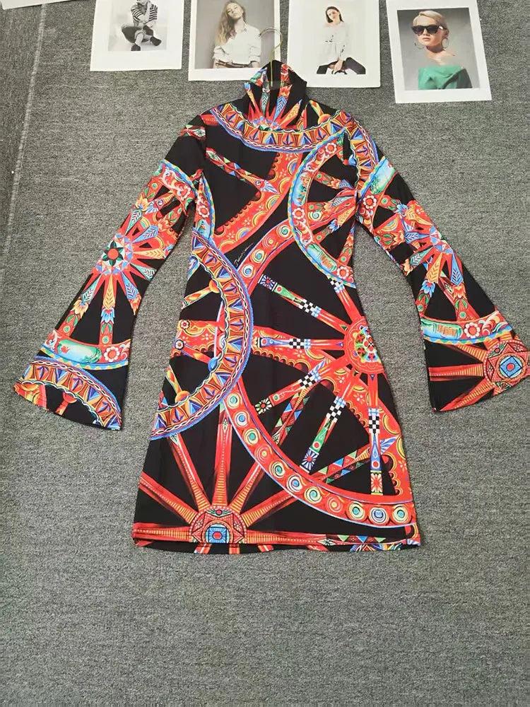 Retro Color Wheel Print High-Neck Long-Sleeve Slim Fit Mini Dress for Women Autumn Elastic Waist Holiday Banquet Temperament Dre - Shellss