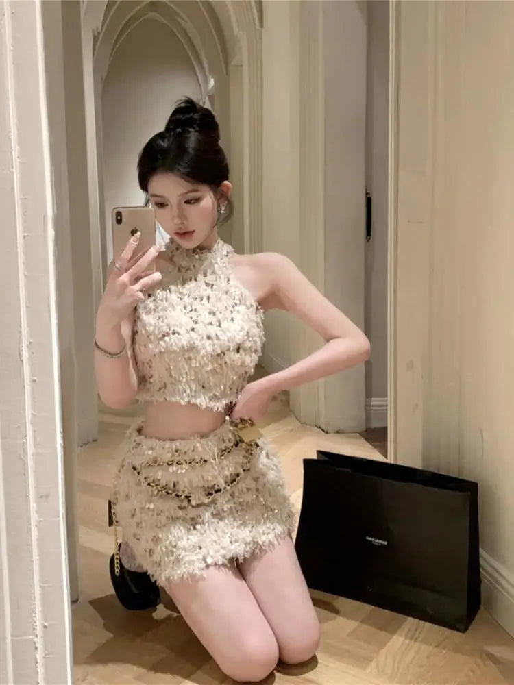 Summer New Little Fragrance Style Hot Girl Tassel Bright Particle Top Bodycon High Waist  Skirt Two Piece Set Women