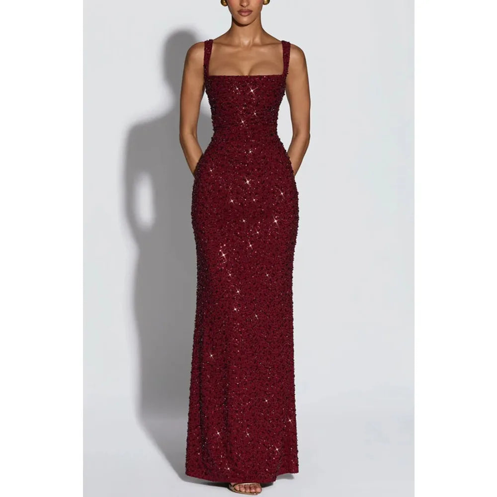 Women European American Sequin Cami Dress Sleeveless Tie Slim Fit Cocktail Party Evening Gown