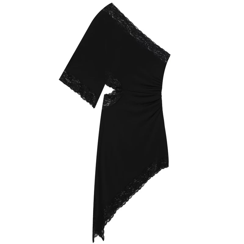 HXAO Black Asymmetric Lace Dresses Women's Dress Summer 2026 Sexy Midi Off Shoulder Cut Out Ruched Vestido Chic Evening Dresses
