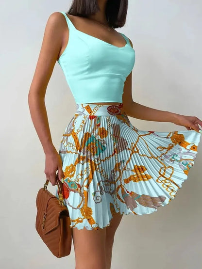 Two Piece Set Mini Print Pleated Skirt Set