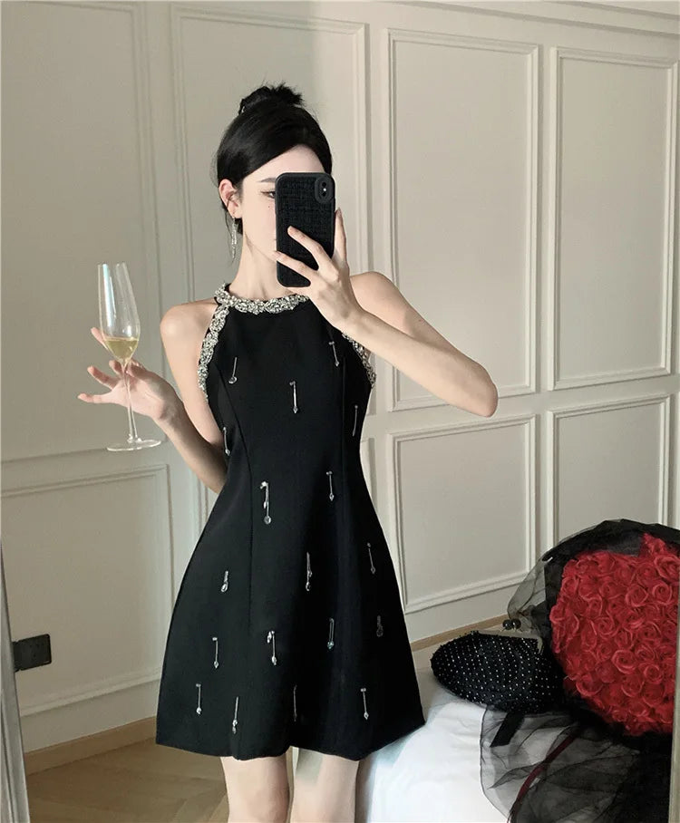 High Quality French Luxury Diamonds Beading Party Dresses For Women 2023 Summer New Elegant Fashion Sleeveless Sexy Dress Robes