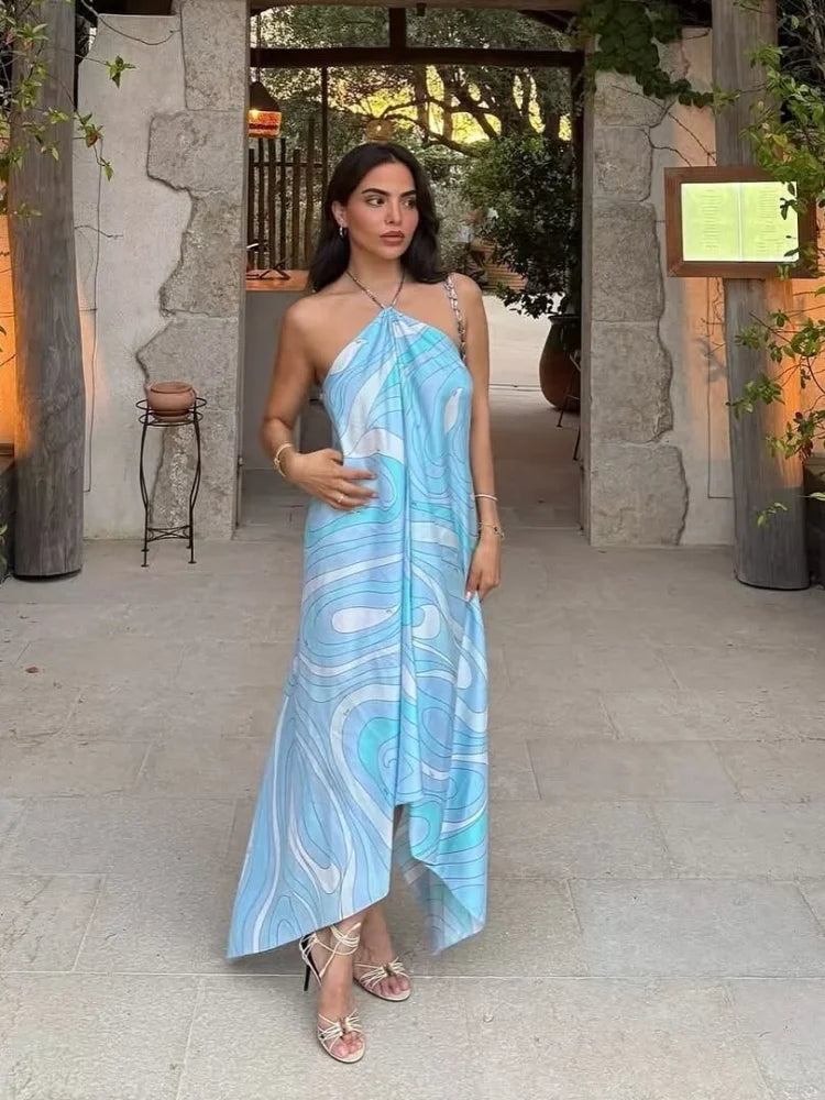 Sexy Printed Halter Maxi Dress Women Fashion Sleeveless Backless Loose Irregular Dresses 2026 Summer Lady Beach Vacation Robe