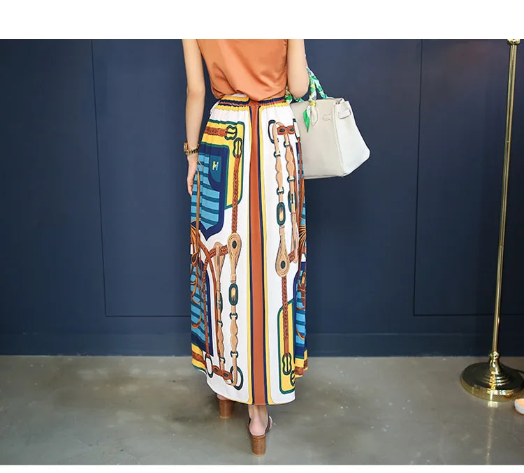 H Han Queen Hot Sales Korean Women's Summer Sexy Prints Work 2 Pieces Set Sleeveless Tops & A-Line Long Skirt Korean Skirt Suit