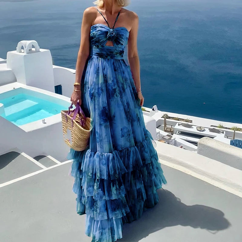 Long chiffon ruffle dress