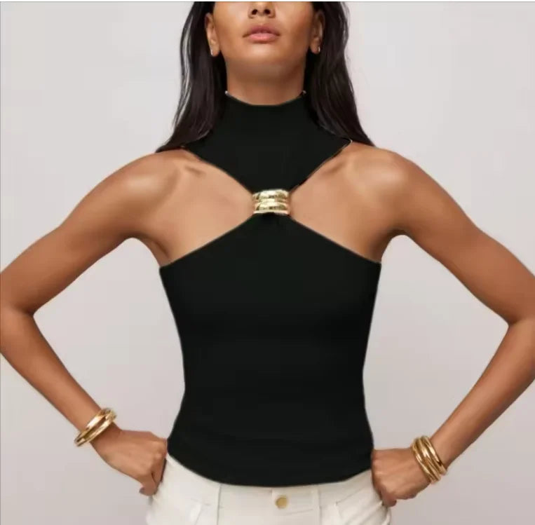 Metal Ring Sleeveless Elegant Slim Fit Women's Tank Tops Solid Fashion Sexy Cropped Tops Sexy Off Shoulder Ladies Tanks Vest