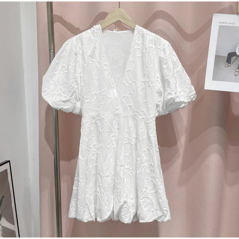 Embroidered Fluffy Short Puff Sleeve Dress Women