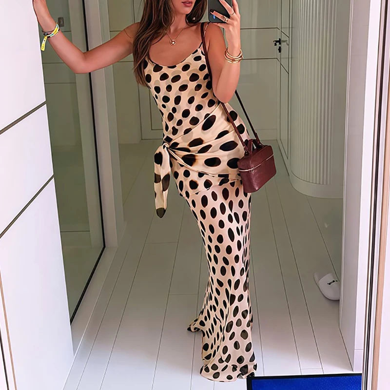 2026 Summer Polka Dot Print Long Dress Off Shoulder Lace Up Slim Fit Holiday Dress Ladies Sexy Backless Cocktail Party Dresses