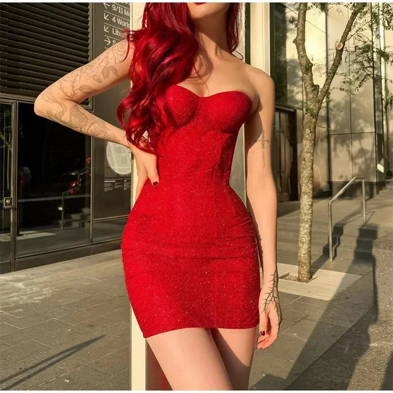 Red Bodycon High Waist Mini Dress Women Fashion Strapless Sleeveless Back Drawstring Gown 2024 Lady Party Club Wear