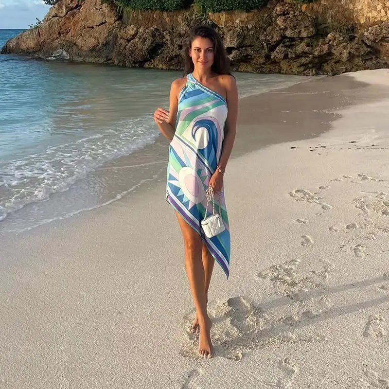 Casual Printed One Shoulder Women's Short Dress Asymmetric Sleeveless Backless Beach Dresses 2026 Summer Lady Vacation Vestidoes