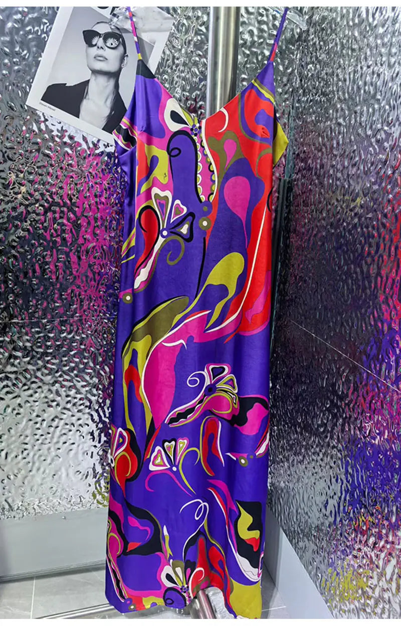 Sexy Summer Women's New Satin Elegant Dress V-Neck Thin Shoulder Strap Geometric Printing Suspenders Elegant Party Holiday Dress
