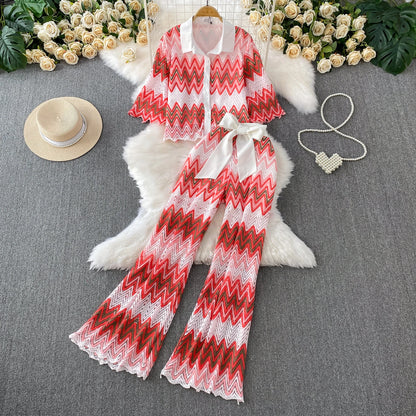 Retro Hollow out Wave Knit Set