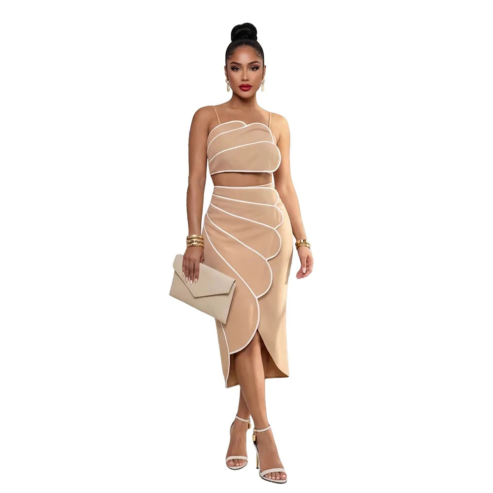 2 Piece Sets Tops And Skirt Elegant Women Sleeveless Sexy Midi Dress Fashion Evening Ladies Street Party Vestidos Summer