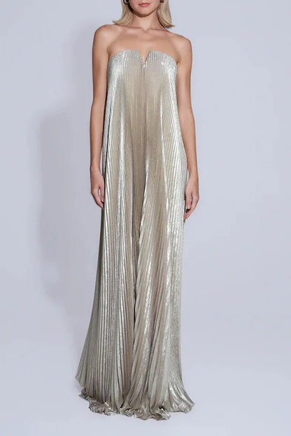 Strapless Pleated Maxi Dress Gown Pleated Skirt Women