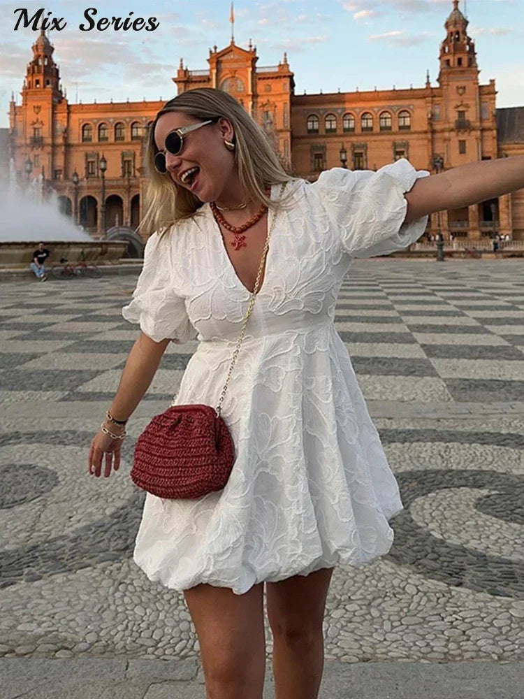 Embroidered Fluffy Short Puff Sleeve Dress Women