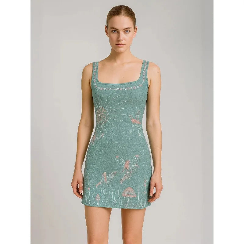 Women Pearl Embroidery Printing Printed Butterfly Sun Small Slit Short Dress Elegant Fashionable Sexy Suitable For Parties Dress
