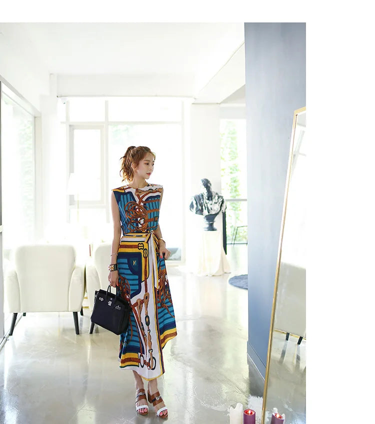 H Han Queen Hot Sales Korean Women's Summer Sexy Prints Work 2 Pieces Set Sleeveless Tops & A-Line Long Skirt Korean Skirt Suit