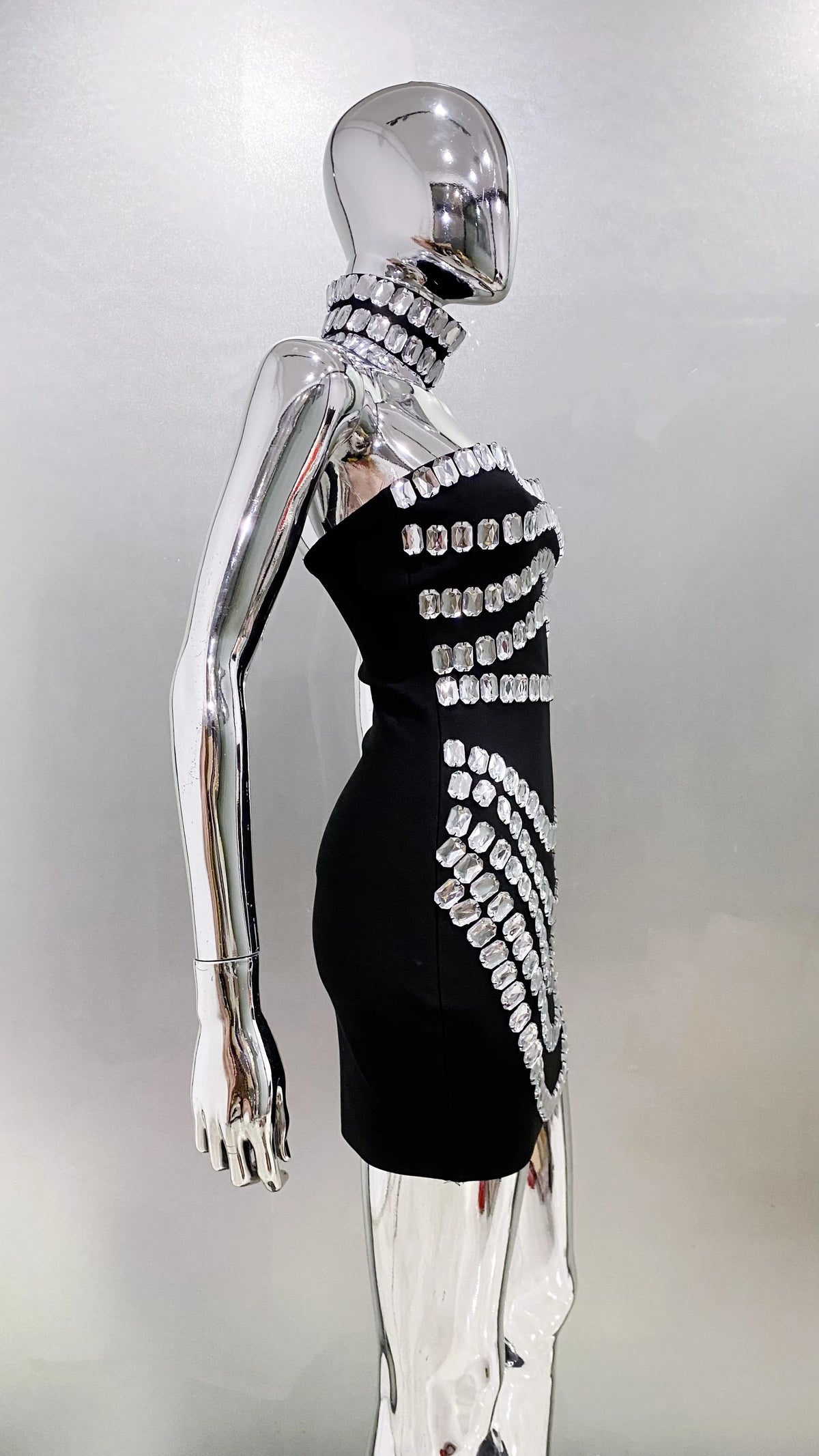 Sparkly Big Crystal Women Sexy Strapless Bodycon Mini Bandage Dress Necklace Celebrate Nightclub Party Photo Shoot Wear