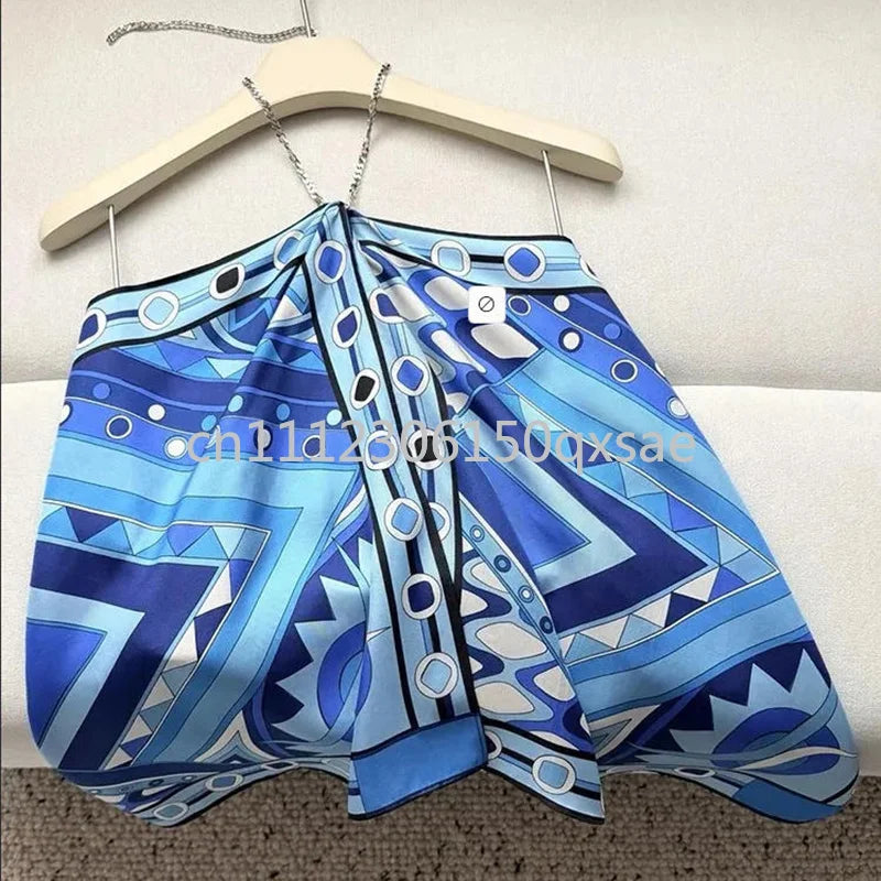 Luxury Design Women's Blue Dress Sets with Designer Signature Letter Logo Luxury Brand Lady Sexy Sleeveless Halter Tops Sets - Shellss