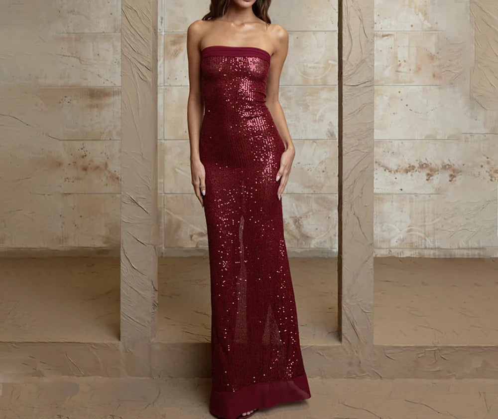 TWOTWINSTYLE Solid Slimming Fashion Dresses for Women Strapless Sleeveless Patchwork Sequins Midi Split Dress Female Clothing