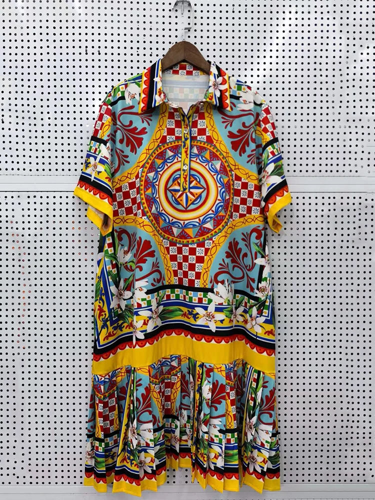 Retro geometric print lapel pullover short sleeve shirt dress 2026 summer women's tutu skirt fashion shirring loose dress - Shellss