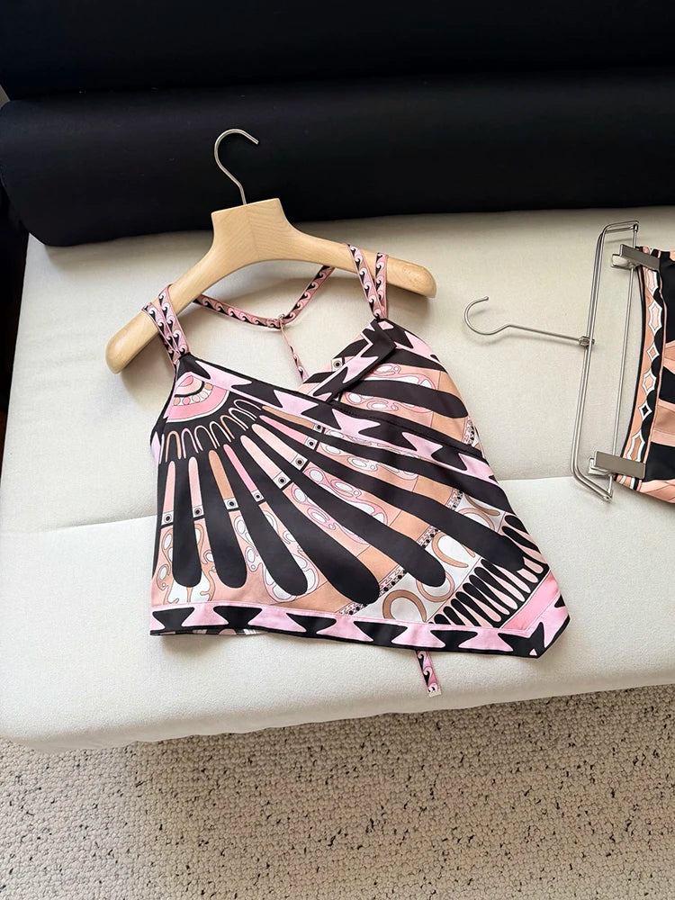Summer Fashion Outdoors Tourism Geometric Print Asymmetrical Tops Women's Sexy Spaghetti Strap Strapless High Waist Slim Top