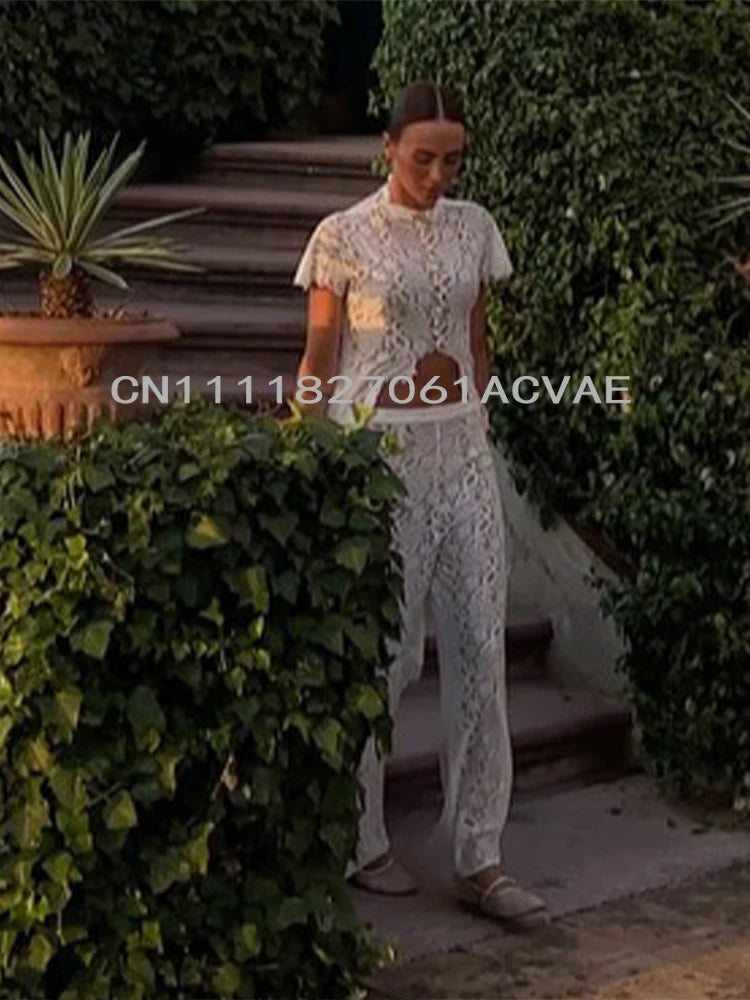 Casual Lace Long Coats Pant Set Women Solid See Through Tops Long Straight Pants Sets Female 2026 Spring Summer Lady Suits