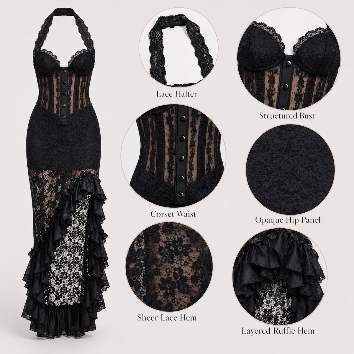Women's Gothic Lace Halter Midi Dress Sleeveless Corset Bodycon Asymmetrical Hem Sheer Patchwork Party Dress